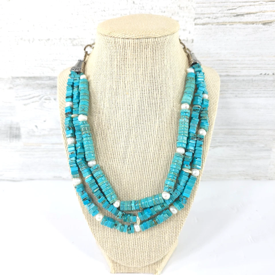 COLLAR TURQUESA PIEDRA NATURAL Y PERLAS CULTIVADAS DE AGUA DULCE 3 HILOS AJUSTE Foto 1 de 4