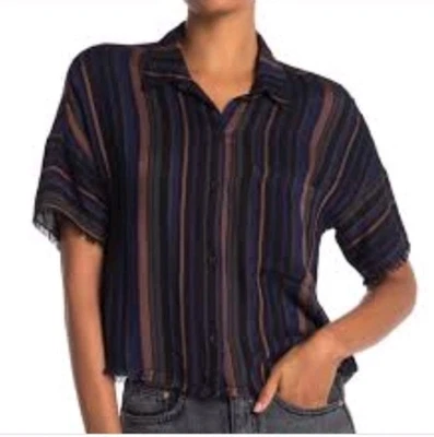 Tela y Piedra Azul y Tostado Rayas Abotonadas Manga Corta con Dobladillo Deshilachado Talla S Foto 1 de 4