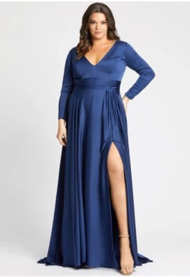 IEENA Mac Duggal Gown Dress Size 14W Blue Satin V Neck Long Sleeve 55290 - Image 1 of 4