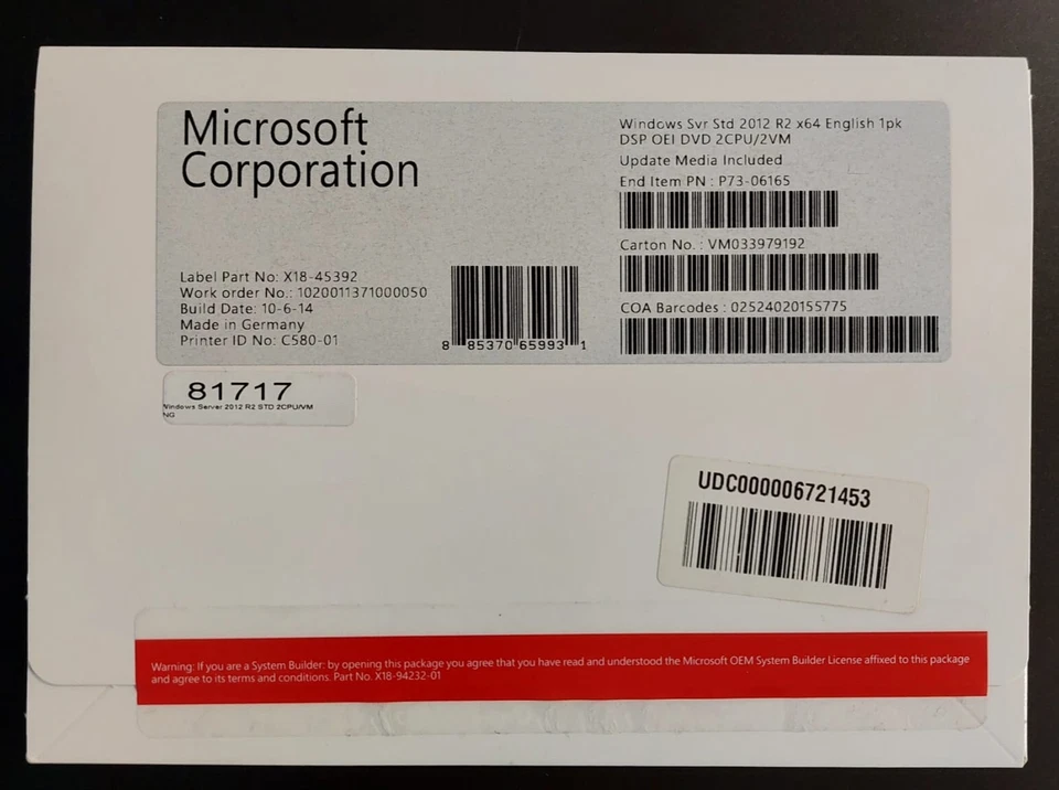 Windows Server 2012 R2 Standard 64-bit - License and Media - 2 Processor - OEM - Immagine 1 di 1