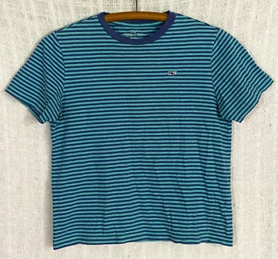 Vineyard Vines Boys Medium Green & Blue Striped S/S Crewneck Whale Logo T-Shirt - Image 1 of 3