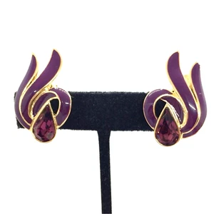 VINTAGE 90S TRIFARI PURPLE ENAMEL ABSTRACT CLIP-ON EARRINGS ART NOUVEAU STYLE - Picture 1 of 16