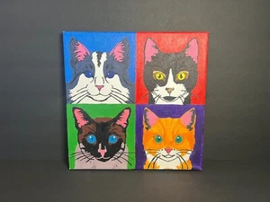 Original Handmade Square Colorful Acrylic on Canvas Pop Art Cat Painting 10" - Picture 1 of 5