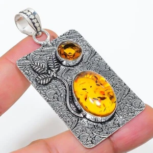 Baltic Amber, Citrine Gemstone Pendant 925 Sterling Silver Jewelry 2.56" E789 - Picture 1 of 2