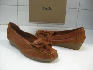 ZAPATOS MOCASINES CLARKS 6 39.5 borla cuña baja comodidad cuero marrón - Imagen 1 de 11