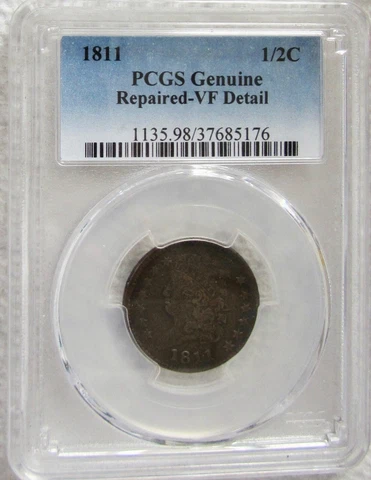 1811 1/2C Classic Head Half Cent Rare Key Date Type Coin PCGS VF Detail Repaired Cover