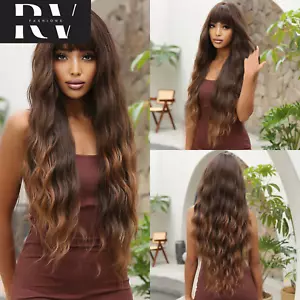 Long Ombre Brown Curly Wave Wigs with Bangs Women Chocolate Brown Natural Hair - Picture 1 of 8