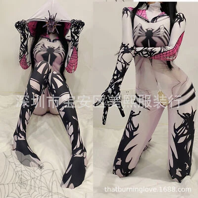 White Spider-Gwen Stacy Jumpsuit Women Cosplay Costume Open Crotch Halloween - Image 1 of 4