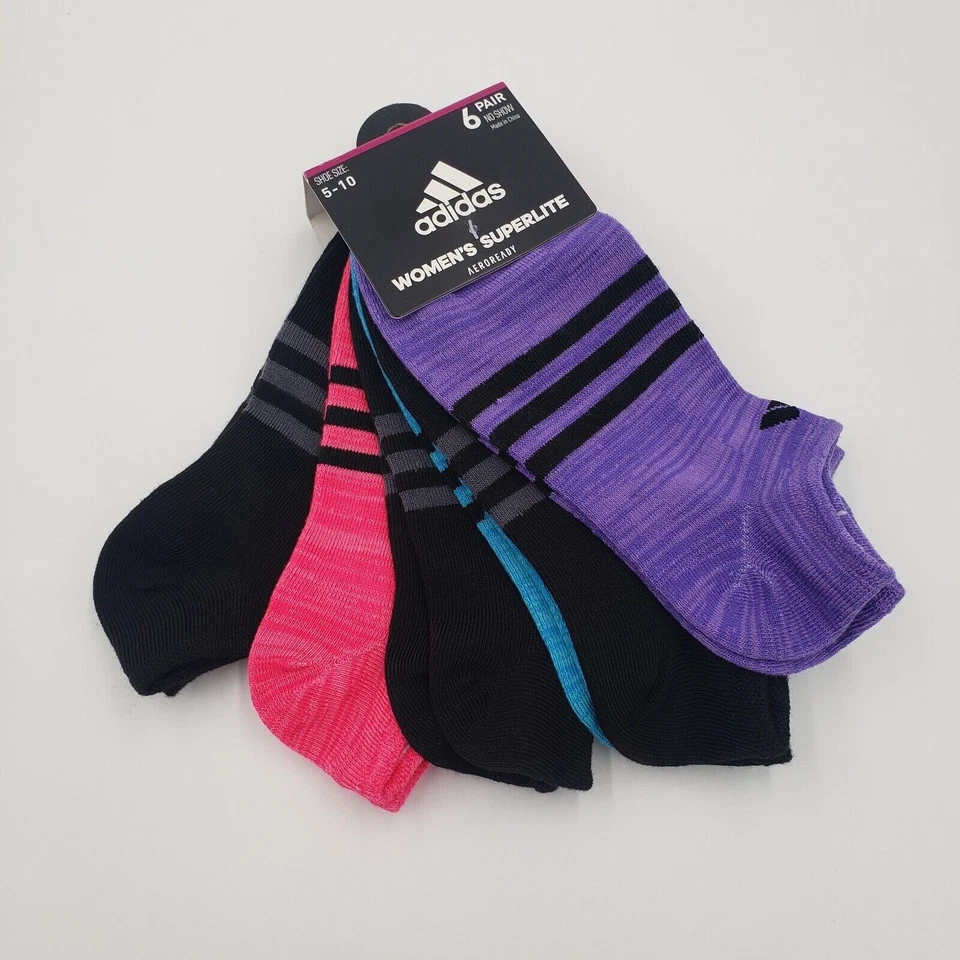ADIDAS Women's Superlite No-Show Socks Multicolor 6 Pairs - Size Womens 5 -10