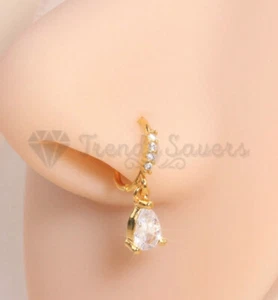 Teardrop Gold Cubic Zirconia Dangle Drop Nose Hoop Stud Ring Nose Ring - Picture 1 of 9