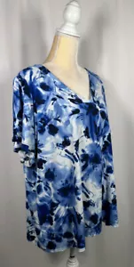 Calvin Klein Blouse Shirt Top 2X Women Short Sleeve Watercolor V-Neck Blue $69 - Picture 1 of 15
