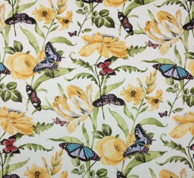 P KAUFMANN STILL LIFE CANARY YELLOW BUTTERFLY FLORAL COTTON FABRIC BY YARD 54"W - Image 1 of 4