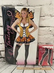 FANTASY Adult Women Yellow BUTTERFLY QUEEN Costume BONUS SEAMLESS FISHNET TIGHTS - Picture 1 of 19