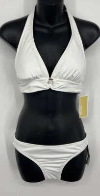 Conjunto de natación de bikini blanco Michael Kors para mujer pequeño NUEVO halter cubierta completa anillo dorado Foto 1 de 4