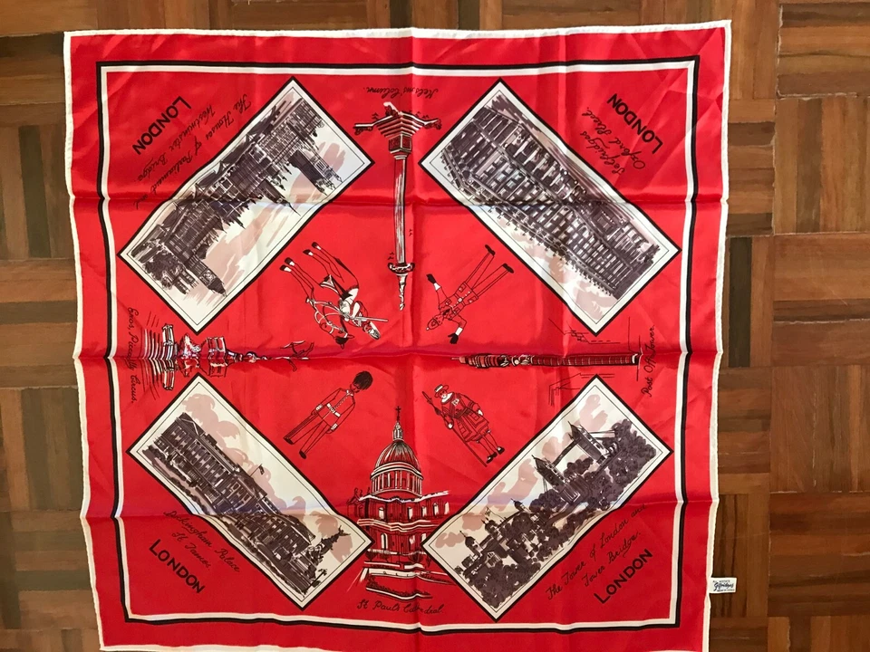 Vintage Selfridges 60s London souvenir scarf red buckingham palace tower bridge - image 1 of 4
