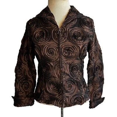 Chaqueta Blazer Samuel Dong Para Mujer Marrón Remolinos Texturizada Cremallera Talla Pequeña Foto 1 de 4