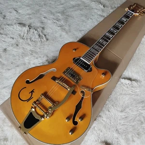Top Yellow Double F Hollowbody Jazz Electric Guitar, Large Tremolo System Guitar - Picture 1 of 4