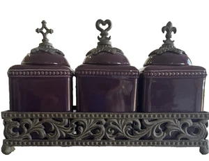 Gracious Goods Acanthus Leaf Collection 3 Burgundy Canister Set Faith Love Hope - Picture 1 of 7