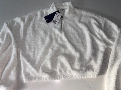 Reebok Cozy Cover Up Cropped Womens S Quarter Zip Fuzzy Sweatshirt White 1/4 - Image 1 of 4
