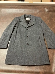 Adams Row Men’s 38R Wool Blend Pea Coat Trench Gray Plaid Lining Leather Buttons - Picture 1 of 17
