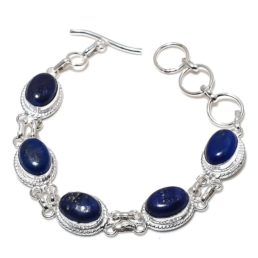 Brazalete de joyería de plata de ley 925 hecho a mano con piedras preciosas de lapislázuli tamaño 7-8" Foto 1 de 1