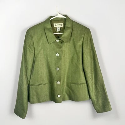 Blazer feminino Orvis 12P verde 100% seda padrão espinha de peixe jaqueta almofada de ombro - Imagem 1 de 4