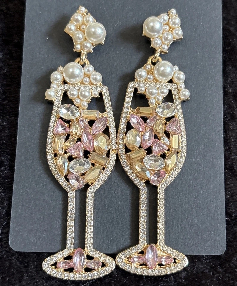 Hermosos Pendientes Cristianos Siriano Copa Champagne Colgantes Perlas y Cristales Foto 1 de 2