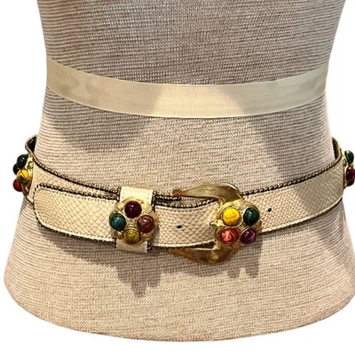 Vintage Leatherock Womens Belt Beaded Gold Tone Snake Print White Leather S/M - Image 1 of 4