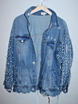 Sunset + Spring Denim Blue Jeans Jacket Size Medium 46" Chest 28" T2B Distressed - Image 1 of 4