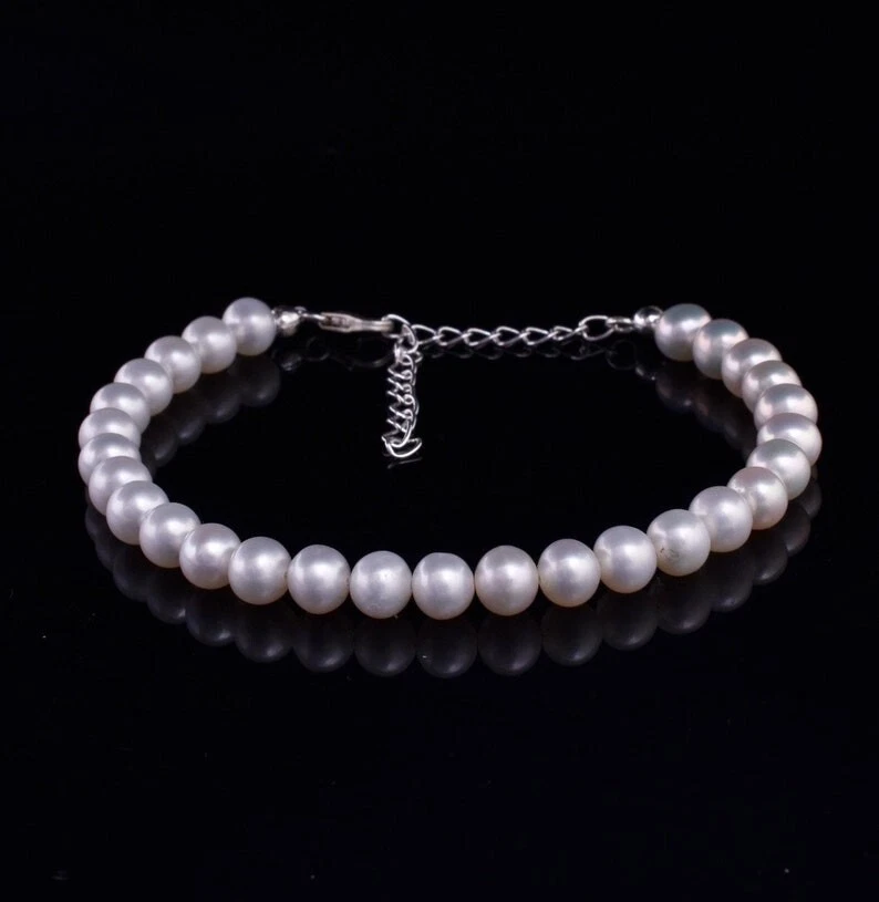 Hermosas pulseras redondas lisas de perlas blancas con cuentas de piedras preciosas de 4-6 mm para mujer de 6-8"" Foto 1 de 4