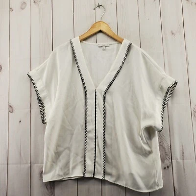 JOIE Top Womens Large Embroidered Short Sleeve White Black Pullover V Neck - Изображение 1 из 4