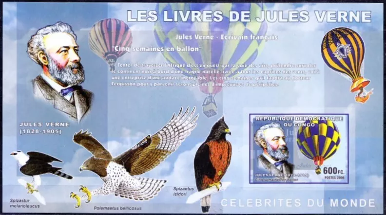 Congo 2006 MNH Imperf MS, Jules Verne, Science Fiction, Birds of Prey, Eagle - Image 1 of 1
