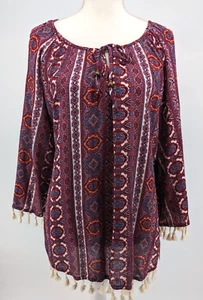 NWT Wrangler Rayon 3/4 Sleeve Fringe Bohemian Blouse Women's Size L - Picture 1 of 13