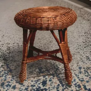 Wicker Rattan Bamboo MCM Vanity Foot Stool Round Seat Plant Stand 13.5H X 12L" - Picture 1 of 10