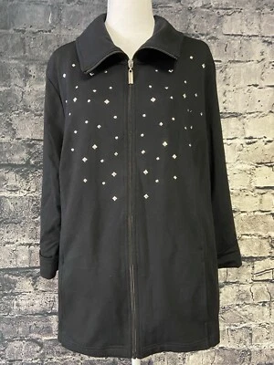 Chaqueta Karen Scott para mujer 1X negra estrás cremallera frontal mezcla de algodón manga 3/4 Foto 1 de 4