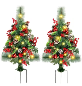 Set of 2 30 Inch Pre-Lit Pathway Christmas Trees, Outdoor Christmas Tree Deco S1 - Picture 1 of 7