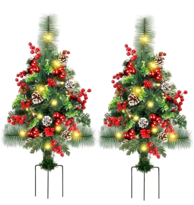 Set of 2 30 Inch Pre-Lit Pathway Christmas Trees, Outdoor Christmas Tree Deco S1 - Image 1 of 4
