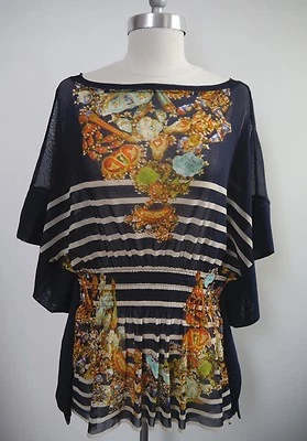 全新 JEAN PAUL GAULTIER SOLEIL 条纹珠宝印花弹力网眼上衣长衫 尺寸 L — 第 1/4 张图片