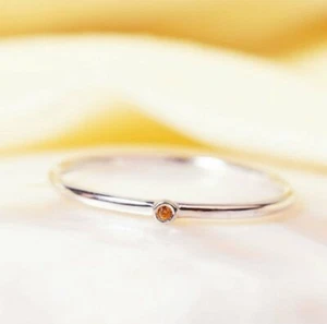 Dainty Mandarin Spessartite Ring 14k Gold Stacking Tiny Garnet Ring Genuine Ring - Picture 1 of 12