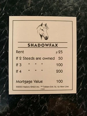 Monopoly  LORD OF THE RINGS  Trilogy Edition   Shadowfax   TITLE DEED CARD 2003 - Image 1 of 2