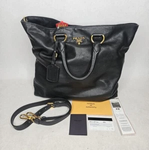 Prada Black Soft Calf Leather Tote Shopping Bag Purse with Shoulder Strap - Picture 1 of 20