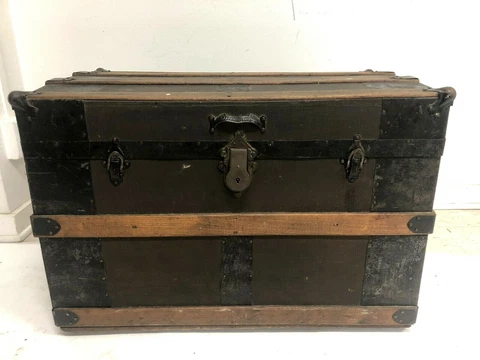 Vintage WOOD STEAMER TRUNK chest coffee table storage box luggage antique decor Cover