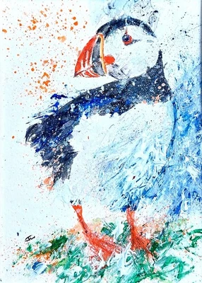 ORIGINAL Mischtechnik PUFFIN Gemälde WILDVÖGEL MEER kein Druck Textur - Bild 1 von 2