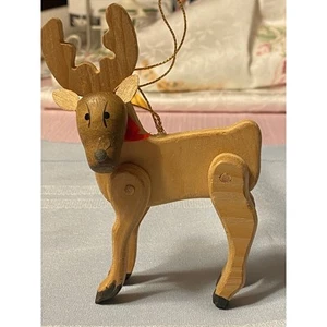 VTG Natural Carved Wood Articulated Reindeer Hanging Ornament Red Bow EUC - Picture 1 of 14