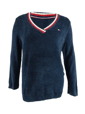 Suéter feminino Tommy Hilfiger chenille Varsity gola V (XXL, Sky Captain Multi) - Imagem 1 de 3