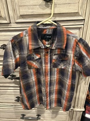 Hurley Shirt Boys Med Orange, Black & White Plaid Short Sleeve Button Down - Изображение 1 из 4