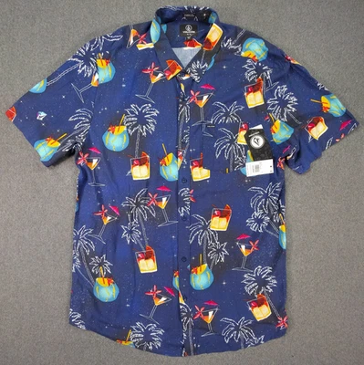 Volcom Hawaiian Button Up Shirt 2XL - Tropical Drinks Palm Trees Cosmic Vaca NWT - Image 1 of 4