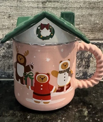 Taza de cerámica Starbucks VACACIONES NAVIDAD rosa pan de jengibre casa con tapa de techo 2025 Foto 1 de 4
