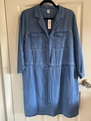 Old Navy Blue Chambray Denim Knee-length Dress Pockets Drawstring Sz Large NWT - Image 1 of 4