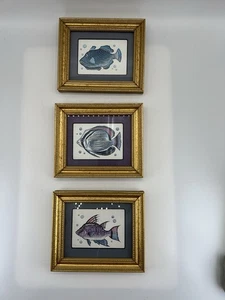 Miniature Artwork Painted Fish Set Of 3 Pictures Prints Gold Framed Matted - Picture 1 of 7